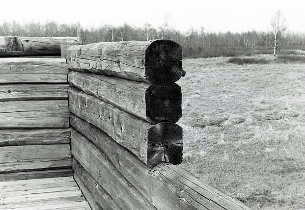 Detail of square log sauna construction, ca. 1970.